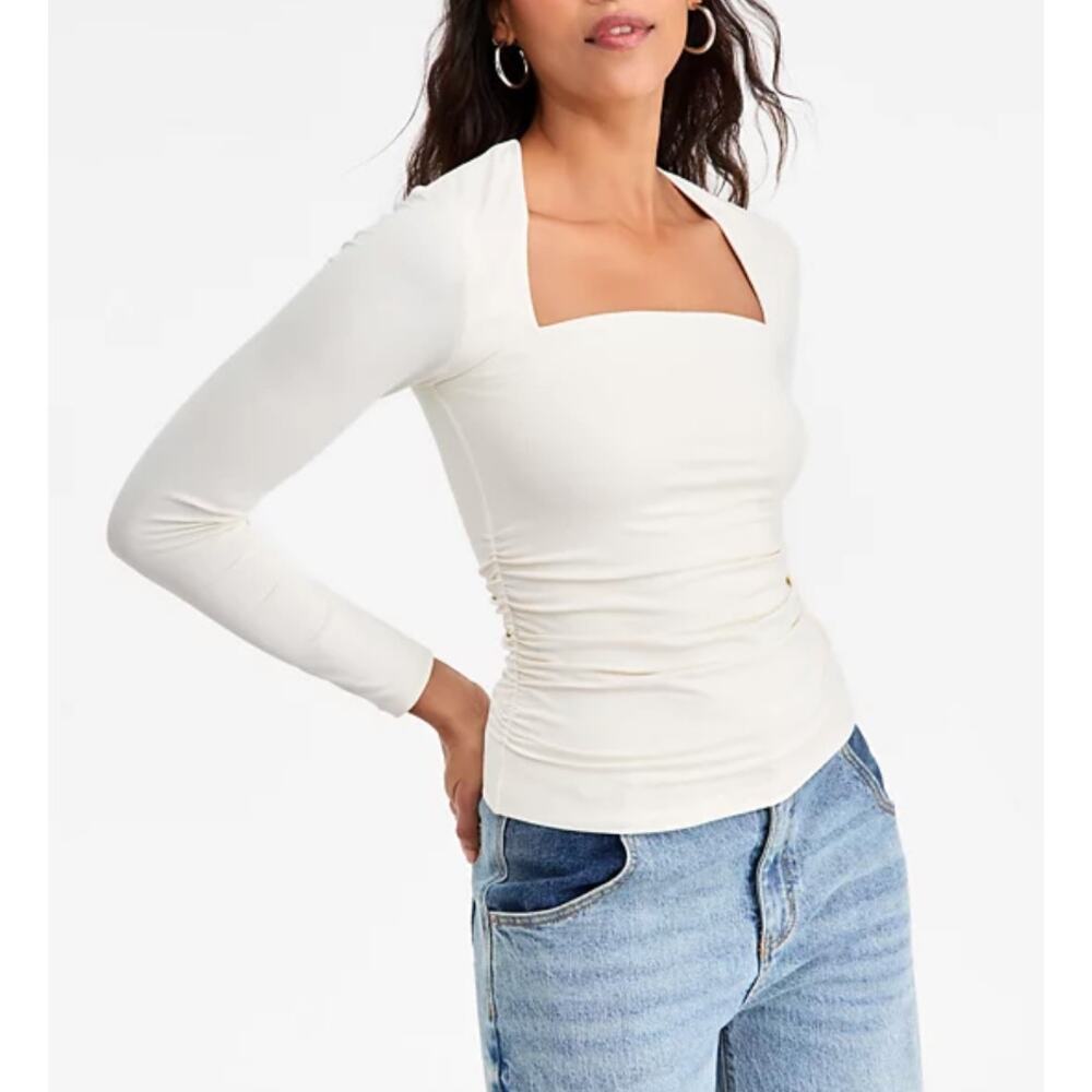 Bar III Women's Square-Neck Ruched Knit Top Crema Size S